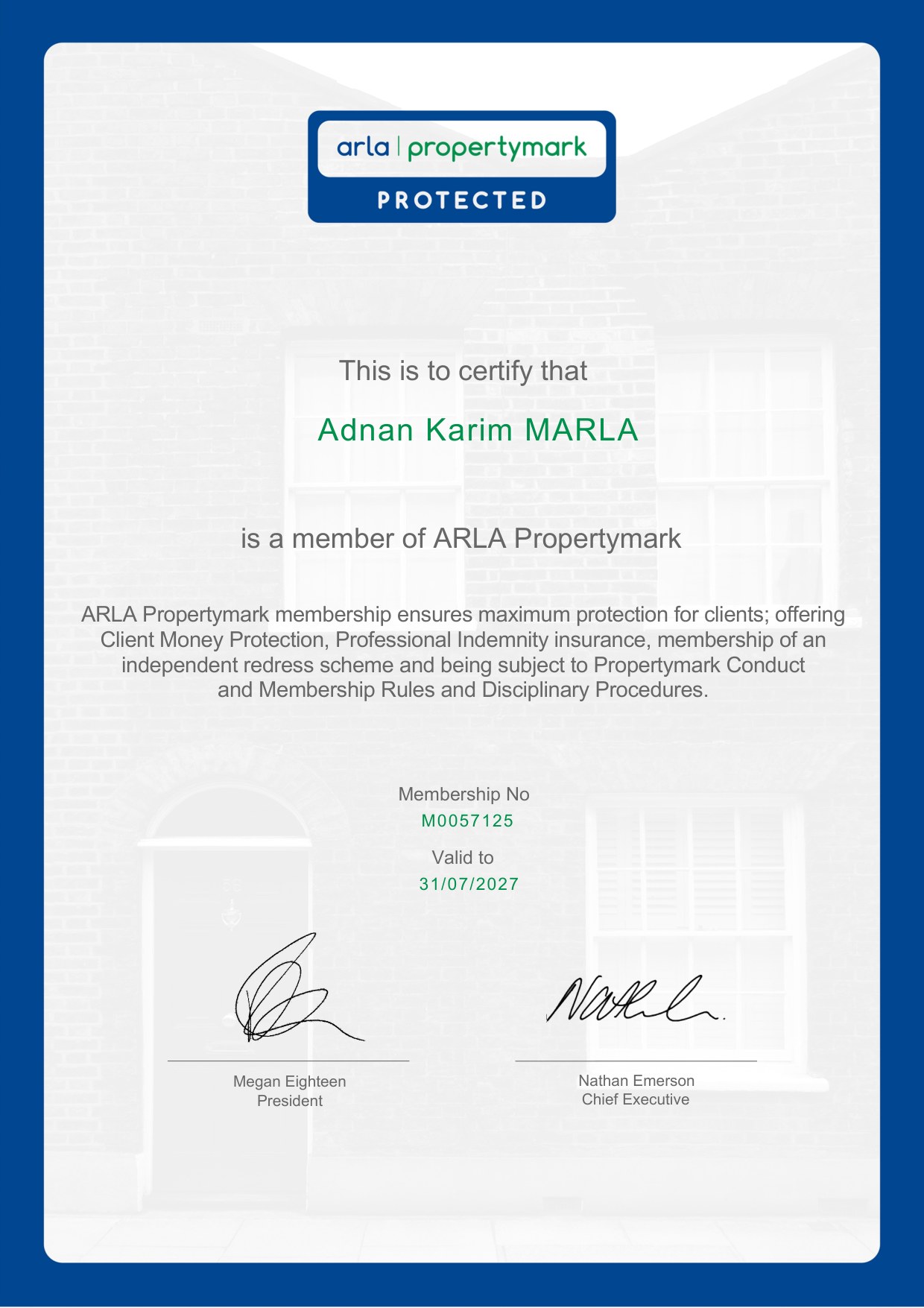 ARLA Propertymark professional membership certificate issued to Adnan Karim MARLA, membership number M0057125, valid to 31 July 2027