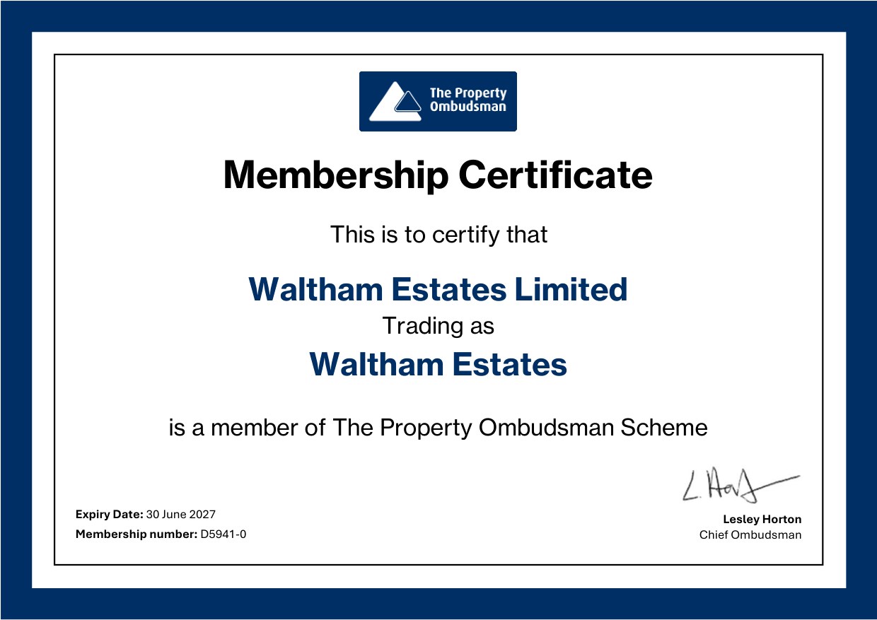 The Property Ombudsman Scheme membership certificate issued to Waltham Estates Limited, trading as Waltham Estates, membership number D5941-0, expiry 30 June 2027