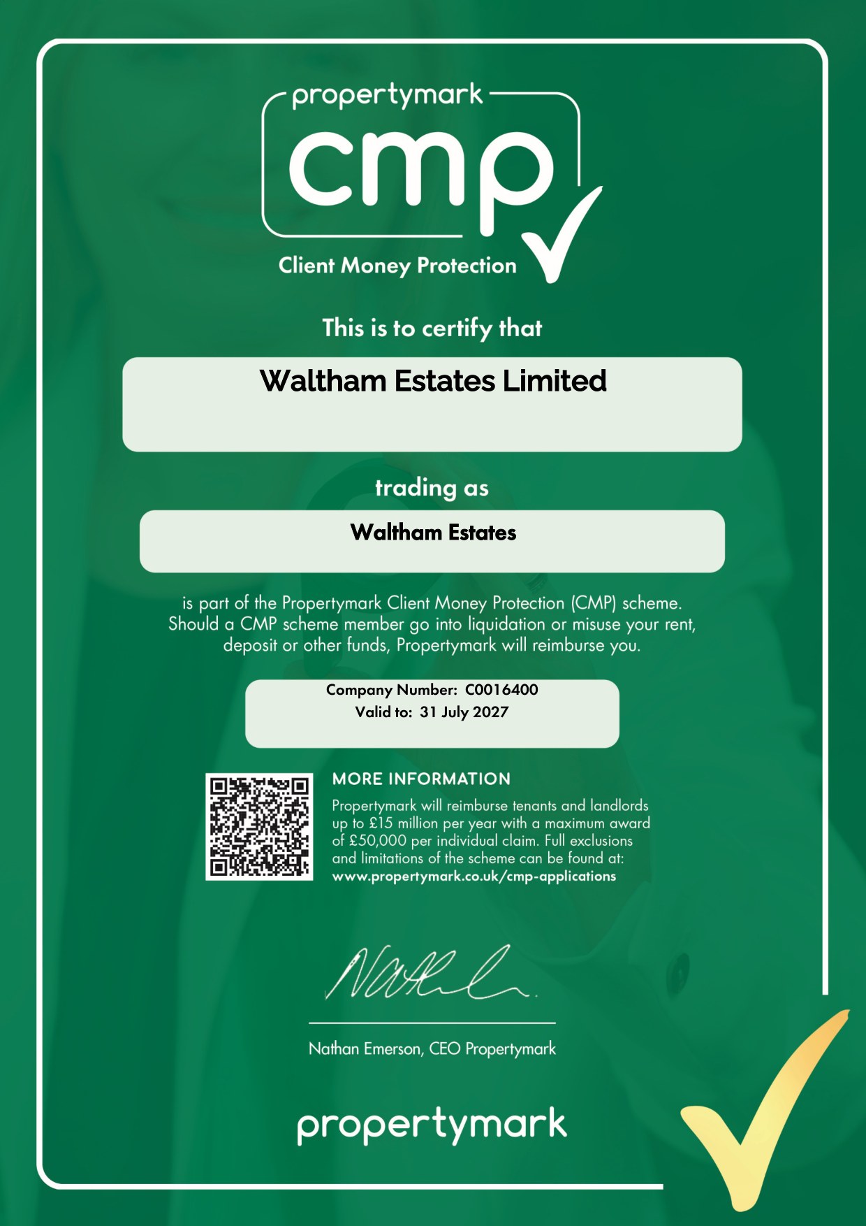 Propertymark Client Money Protection certificate issued to Waltham Estates Limited, trading as Waltham Estates, company number C0016400, valid to 31 July 2027