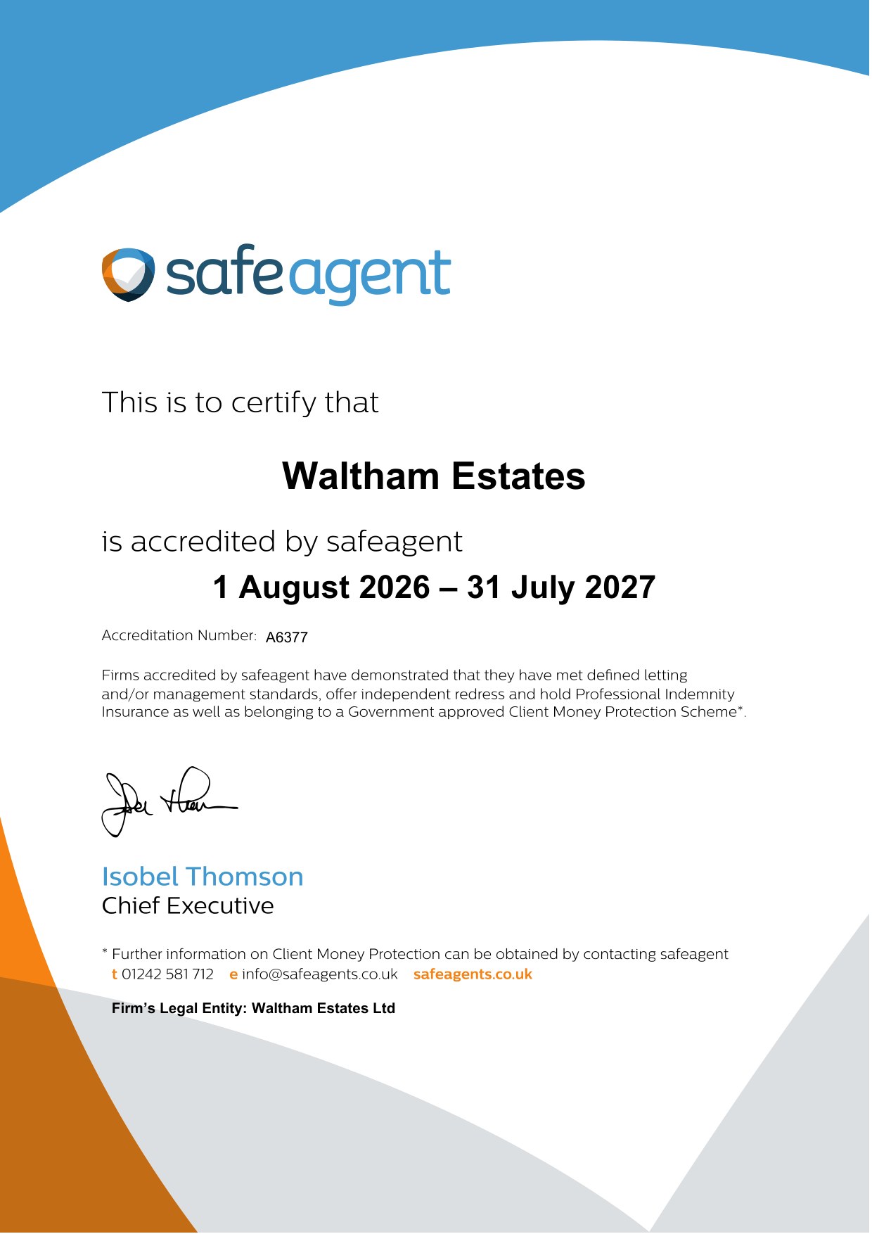 safeagent accreditation certificate issued to Waltham Estates, accreditation number A6377, covering 1 August 2026 to 31 July 2027